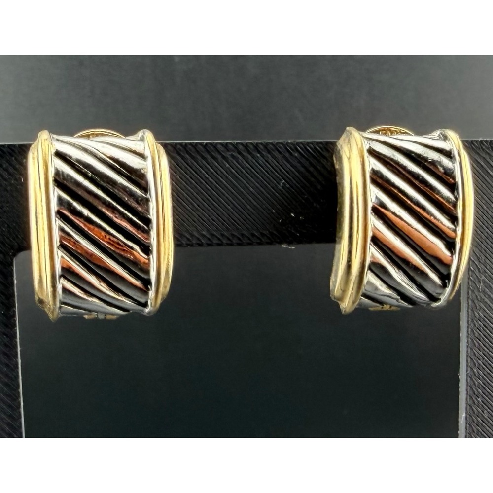 PD Earrings Gold Silver Two Tone Ribbed Diagonal Stripe Omega Back